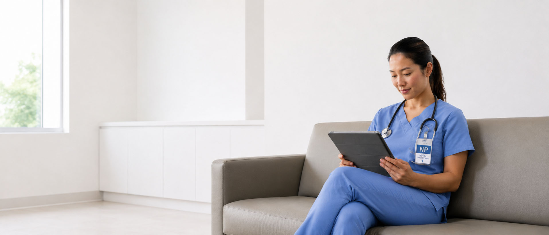 A nurse practitioner in blue scrubs reviews a tablet in a bright clinic lounge.